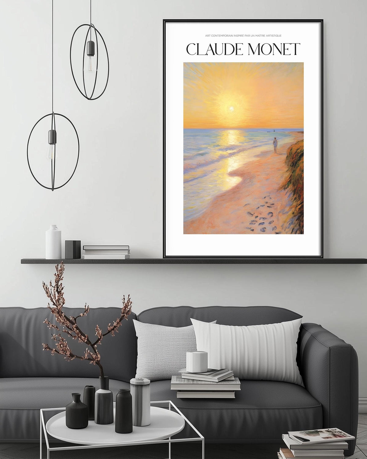 a modern living room with a gray sofa, a coffee table, and a large framed painting of a beach scene hanging on the wall above the sofa.
