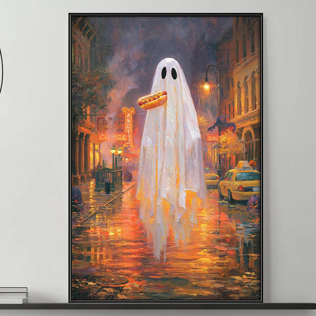 a large painting of a ghost holding a hot dog, hanging on a wall above a gray couch in a living room setting.