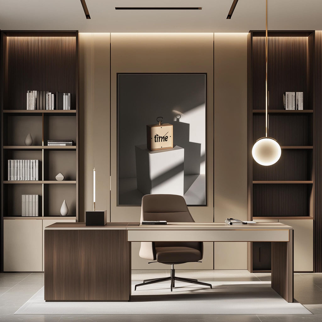 a modern and minimalist office space with a large wooden desk, a comfortable-looking chair, and built-in bookshelves. The desk has a sleek design and appears to be well-organized. The office features a large window that allows natural light to fill the space, creating a bright and inviting atmosphere.
