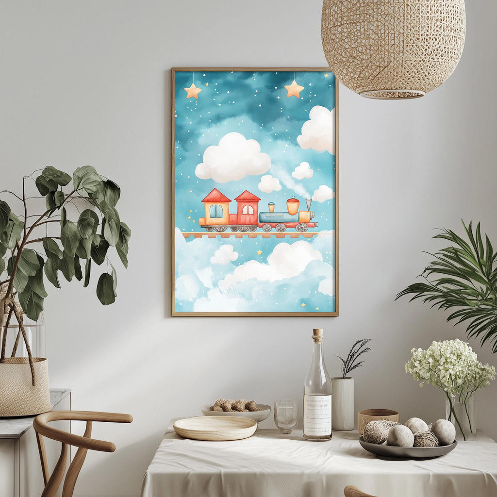 a cozy dining area with a table set for a meal, surrounded by potted plants and a hanging light fixture. A framed picture of a train on a cloud-filled sky is displayed on the wall above the table.
