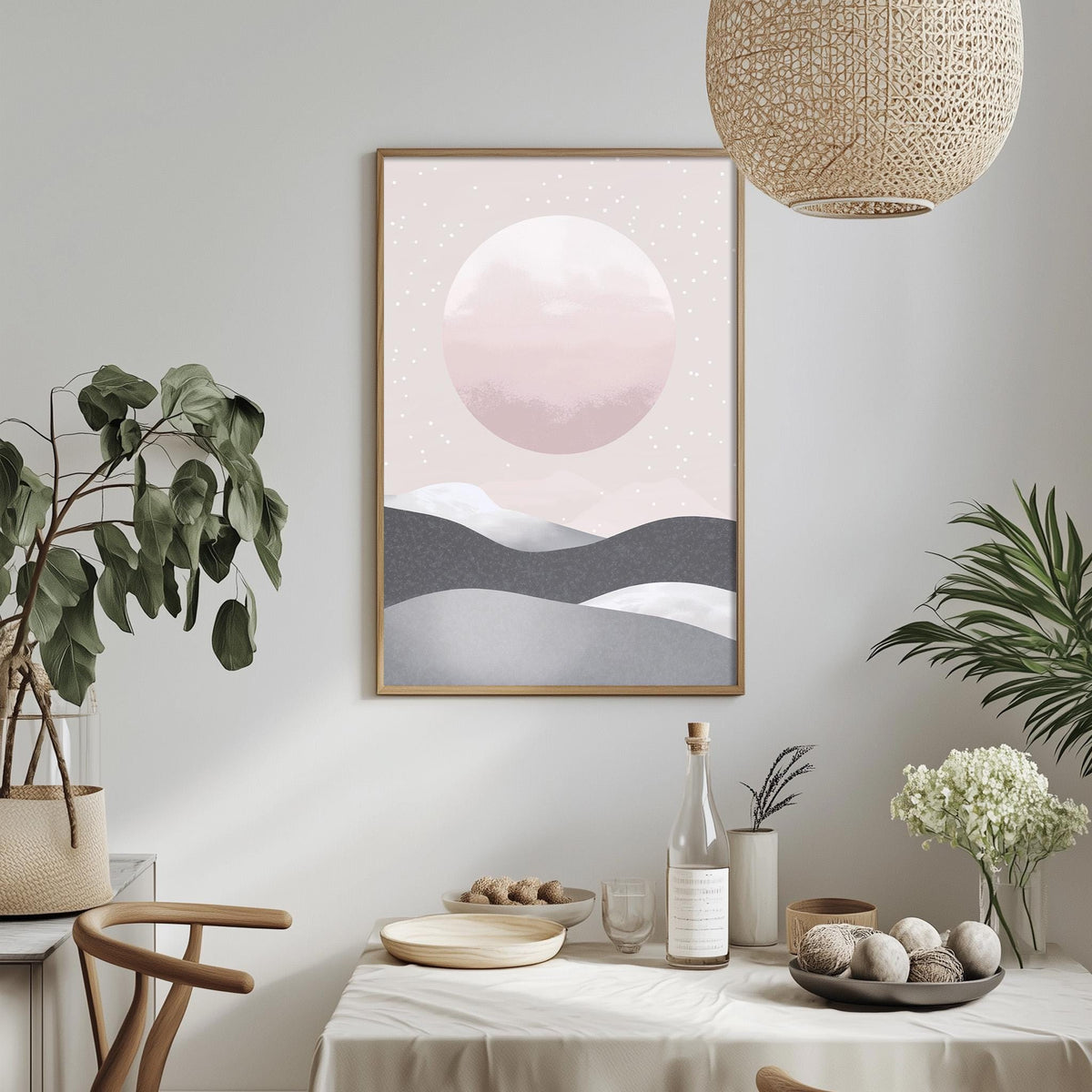 a dining table with a white tablecloth, a bowl of fruit, a bottle, and a vase with flowers. Above the table, there is a framed picture of a landscape with a large moon in the sky.