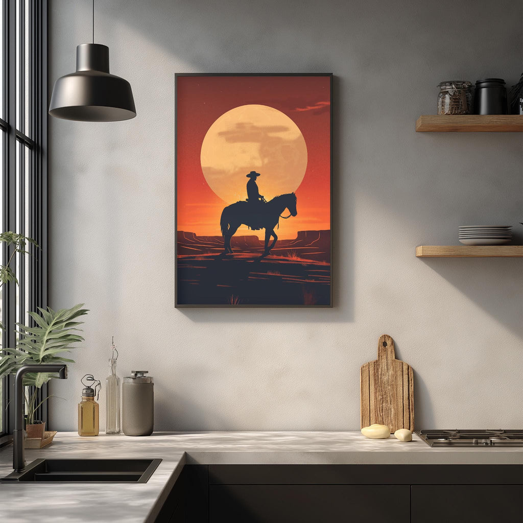 a framed illustration of a cowboy riding a horse against a sunset backdrop, with a wooden cutting board and other kitchen items visible below.