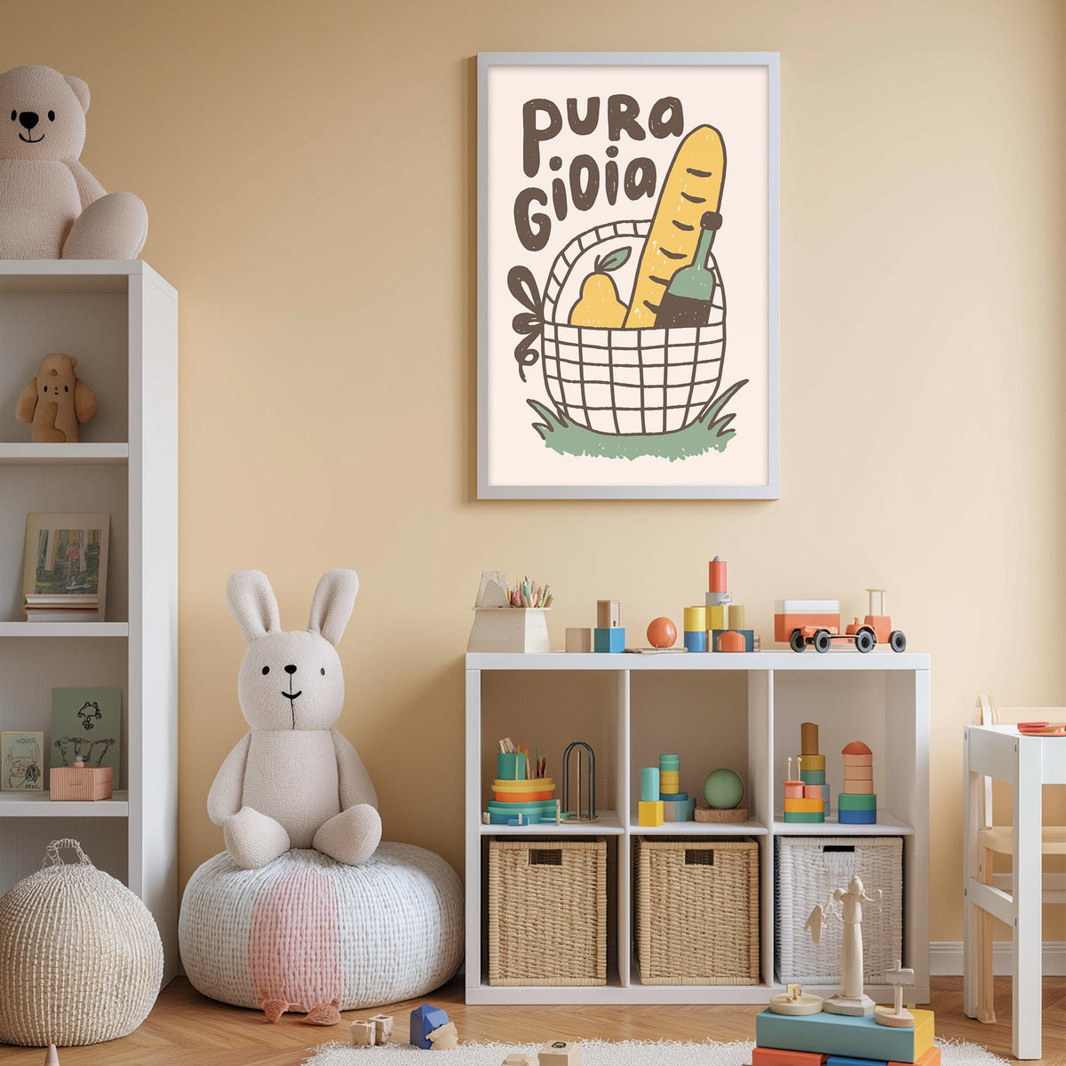 A child's bedroom with a white bookshelf, a stuffed rabbit, and a basket of food items. The wall has a framed poster with a cartoon illustration of a basket of food.