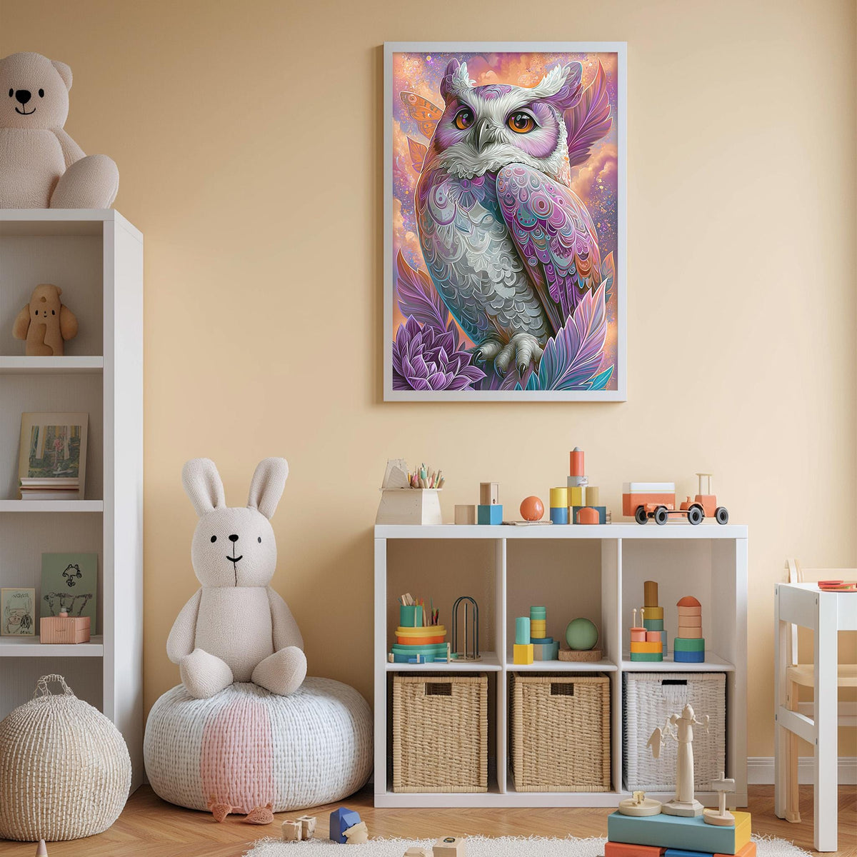 A child's bedroom with a large owl painting on the wall, a stuffed rabbit, a toy train, and a toy castle. The room has a beige color scheme and appears to be well-organized with storage bins and toys.