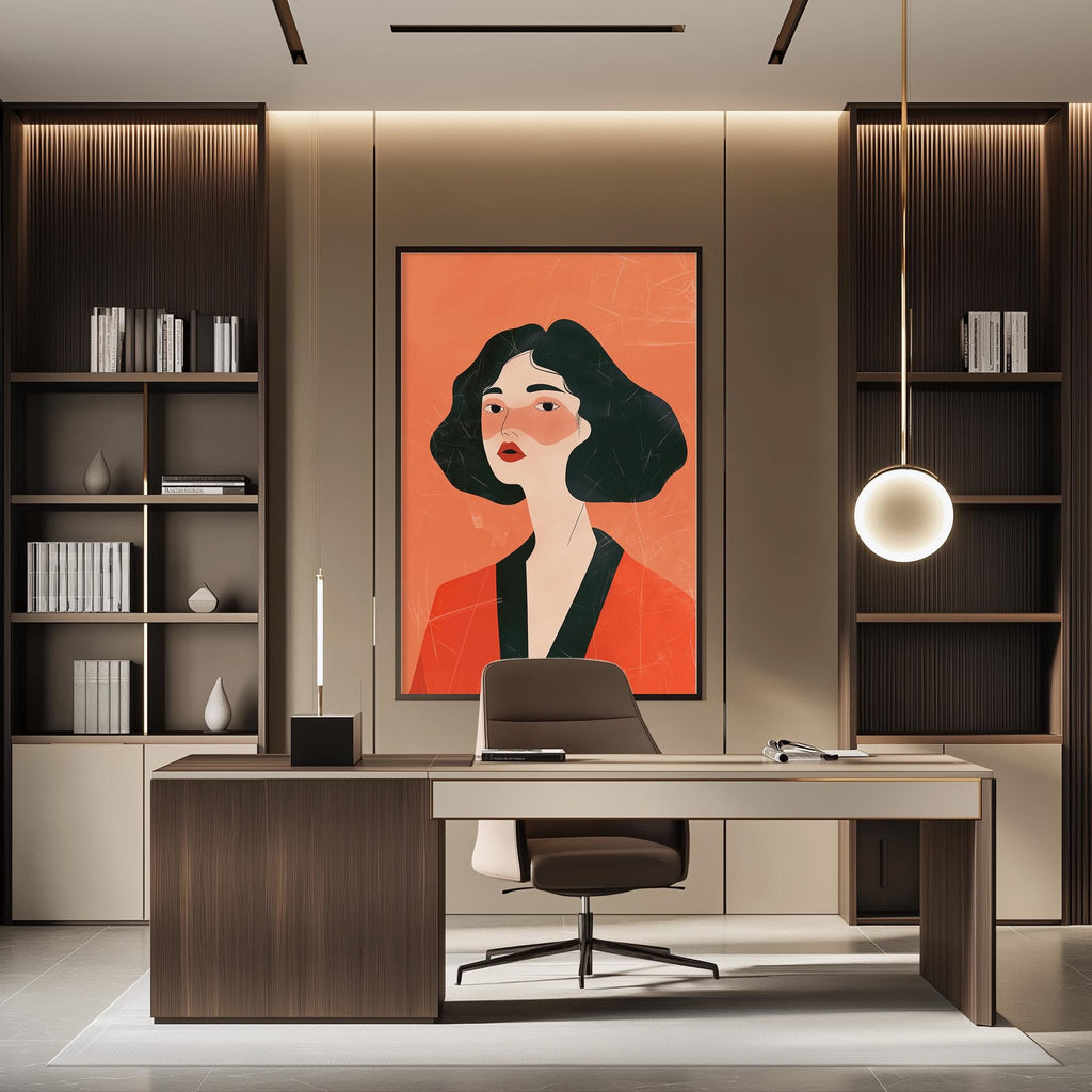 a modern office space with a large framed portrait of a woman in an orange outfit hanging on the wall above a wooden desk with a chair.