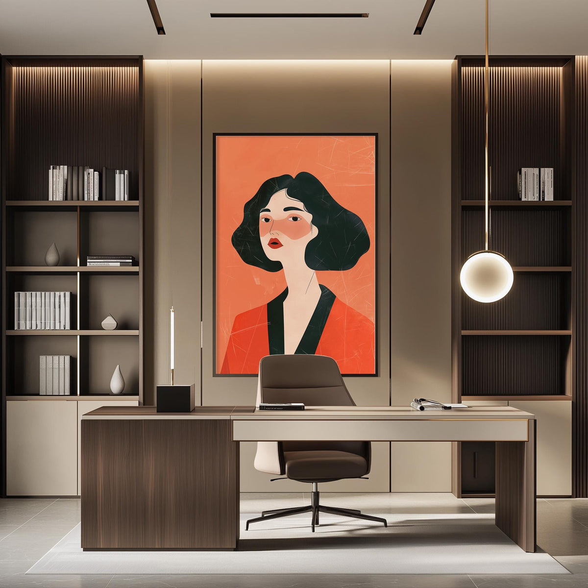 a modern office space with a large framed portrait of a woman in an orange outfit hanging on the wall above a wooden desk with a chair.