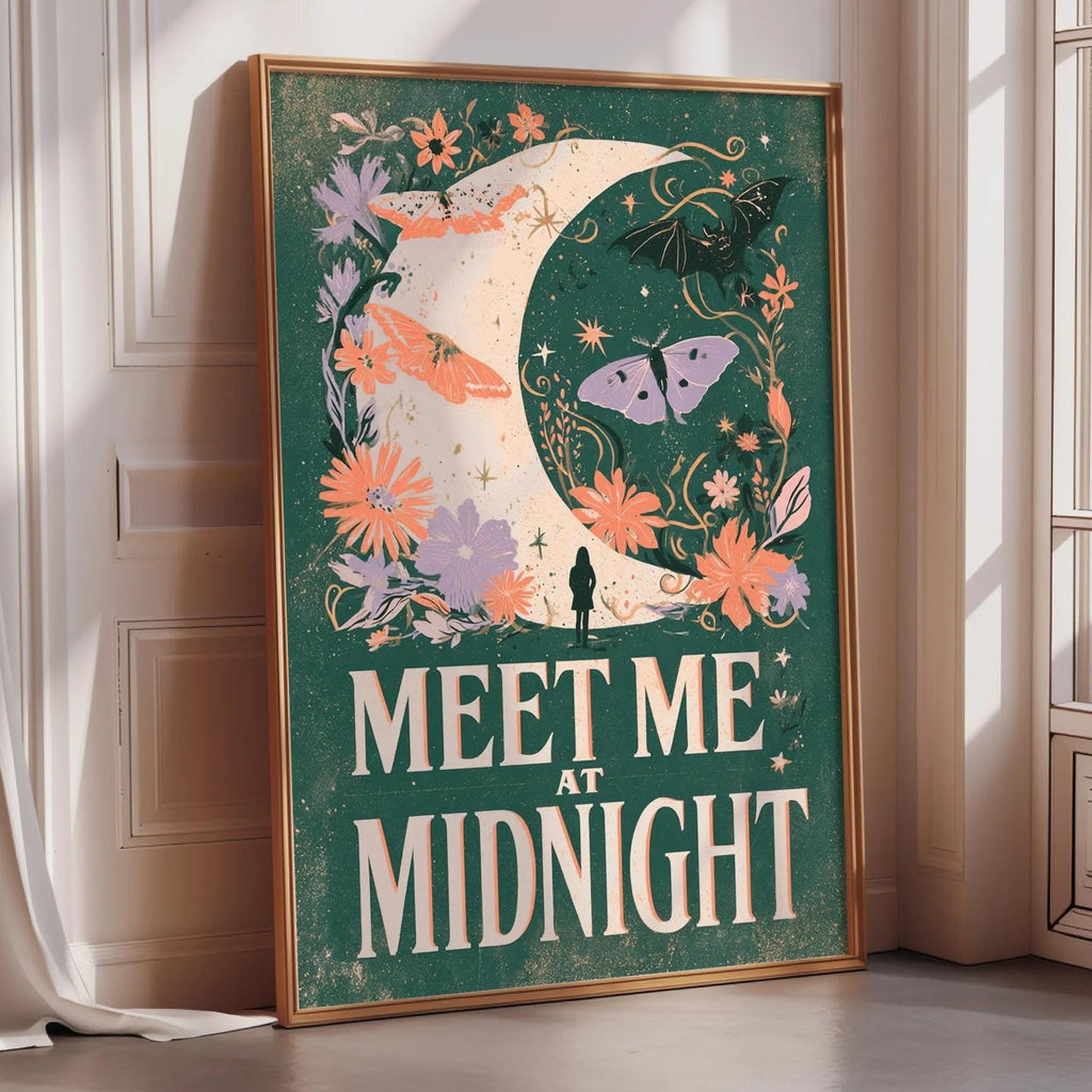 a poster with a crescent moon, flowers, butterflies, and the text "MEET ME AT MIDNIGHT" in a green frame.