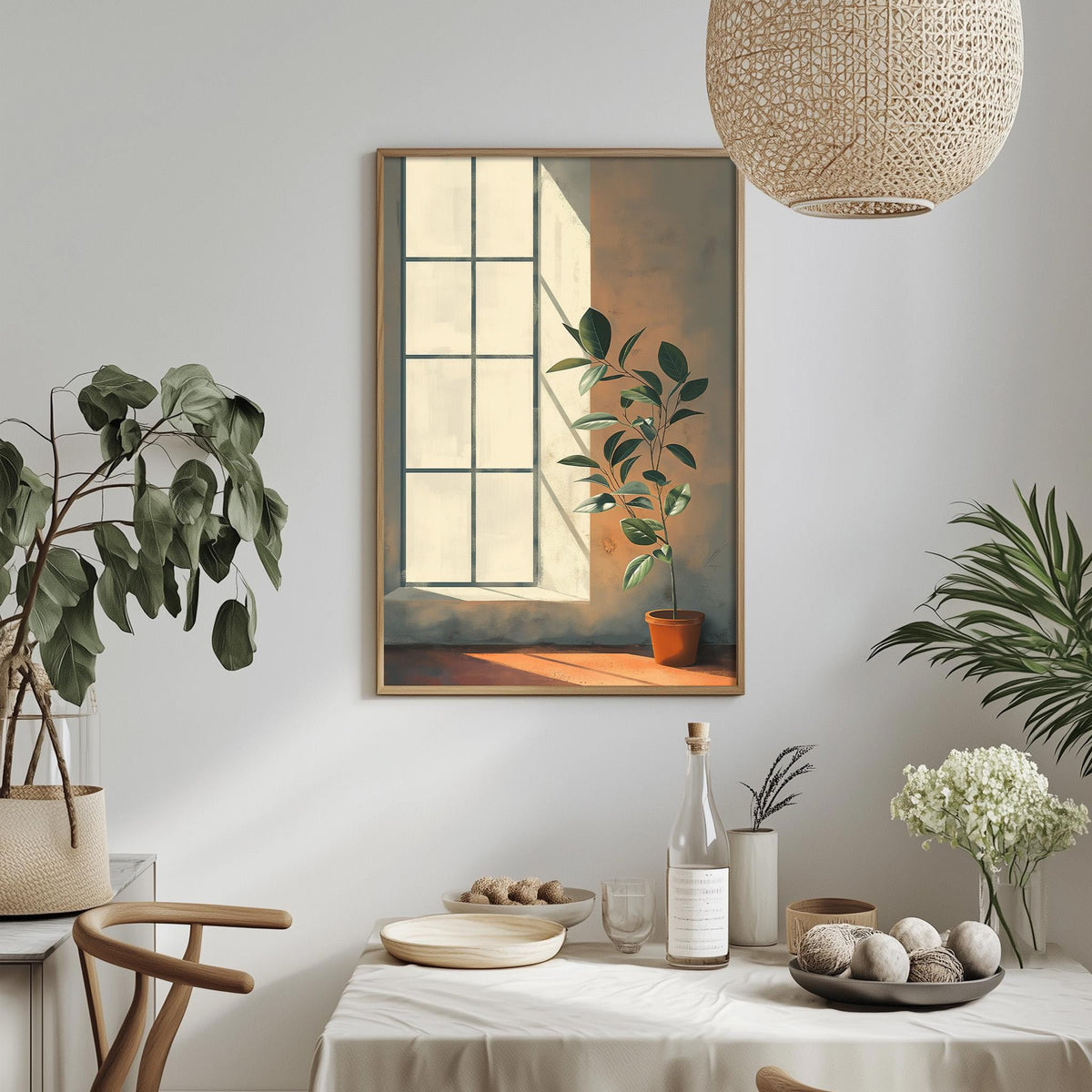 a serene indoor setting with a potted plant, a bowl of fruit, and a bottle of wine on a table. Above the table, there is a framed painting of a window with a plant, creating a harmonious and calming atmosphere.