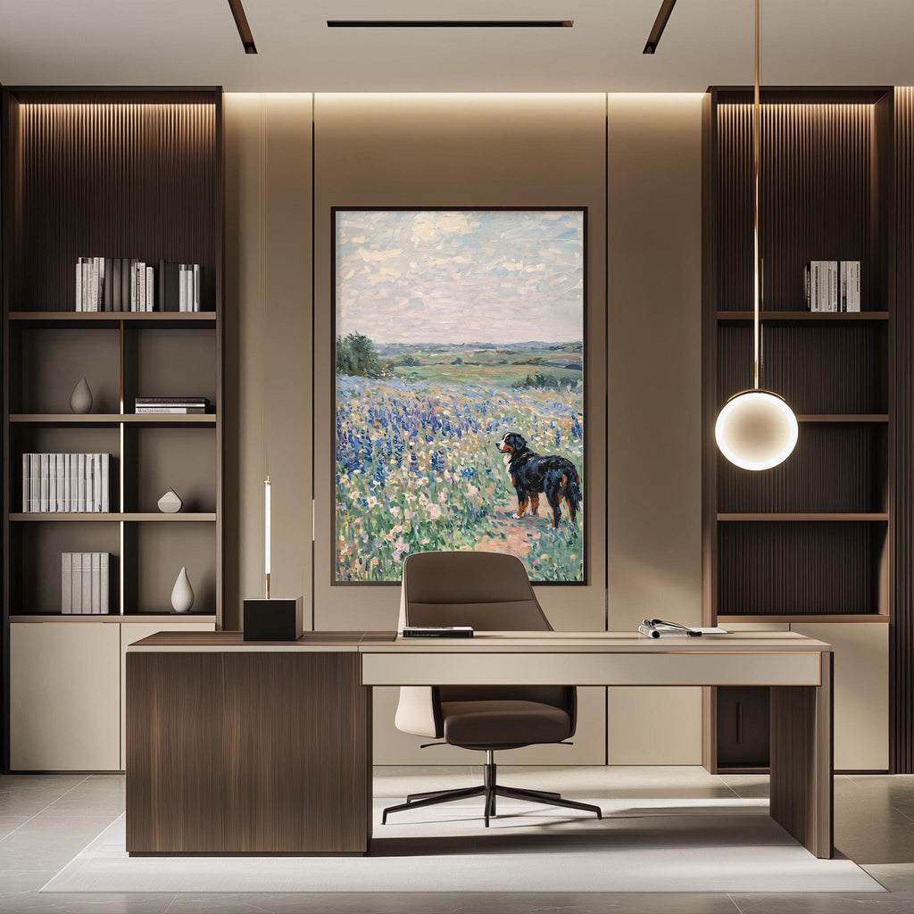 a modern office space with a large painting of a field of flowers hanging on the wall. The office features a wooden desk, a comfortable chair, and a bookshelf filled with books. The overall design and decor create a serene and inviting atmosphere.