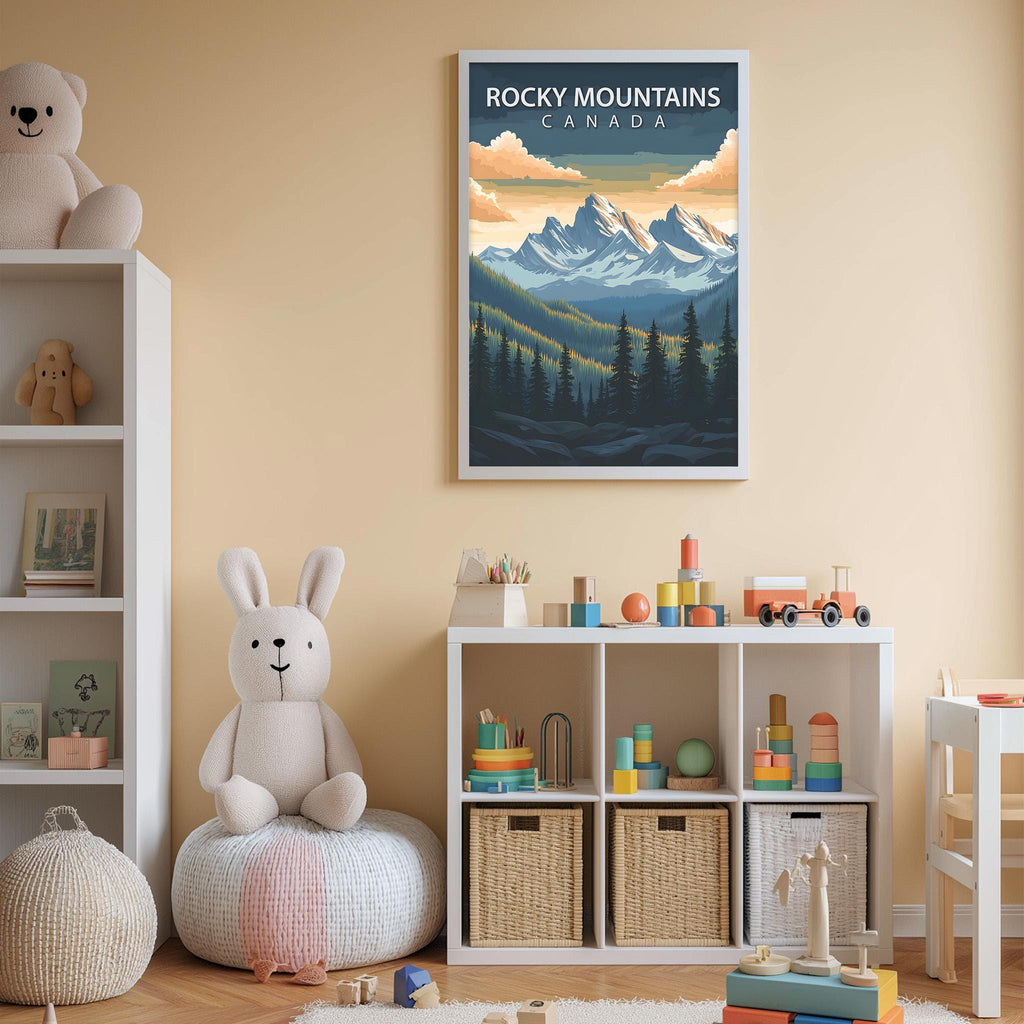 A child's bedroom with a large poster of Rocky Mountains Canada on the wall, a white bookshelf filled with toys, and a stuffed rabbit sitting on a bean bag chair.