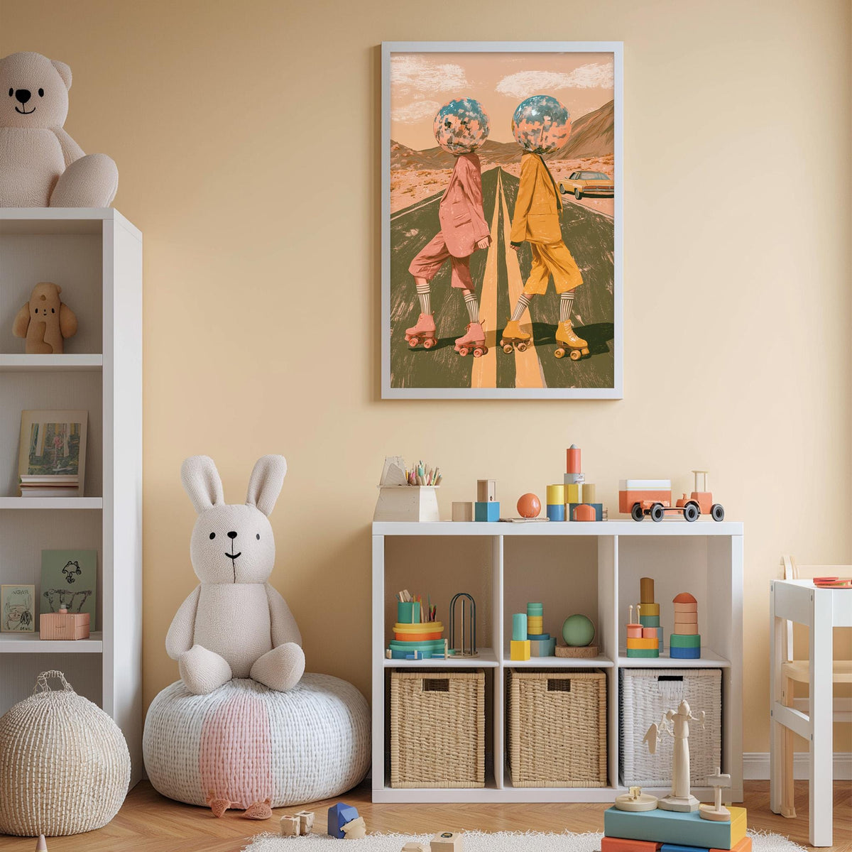 A child's bedroom with a white bookshelf, a stuffed rabbit, a toy train, and a framed poster of two people on roller skates.