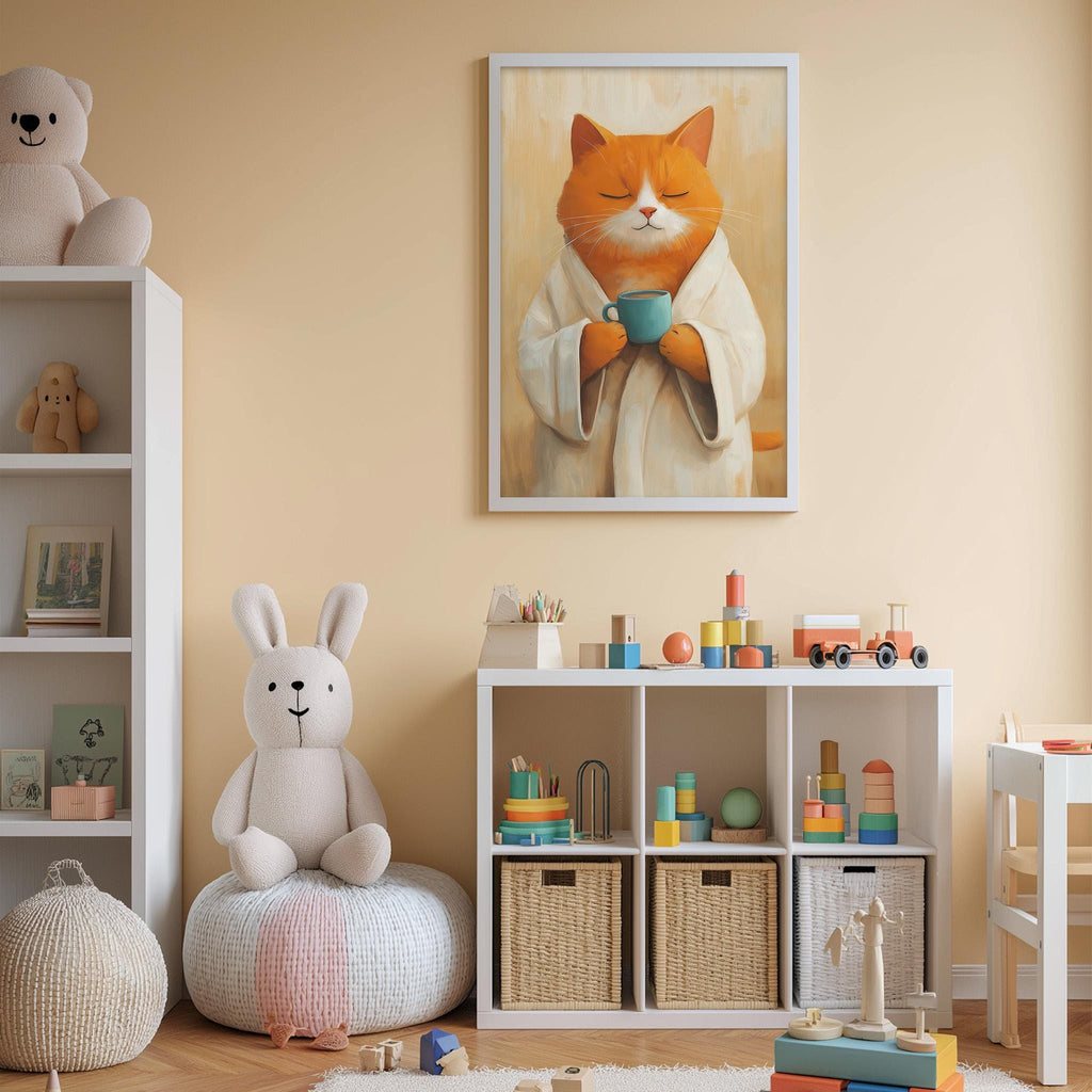 A cozy children's room with a large stuffed rabbit, a framed picture of a cat in a robe, and a toy shelf filled with various toys.