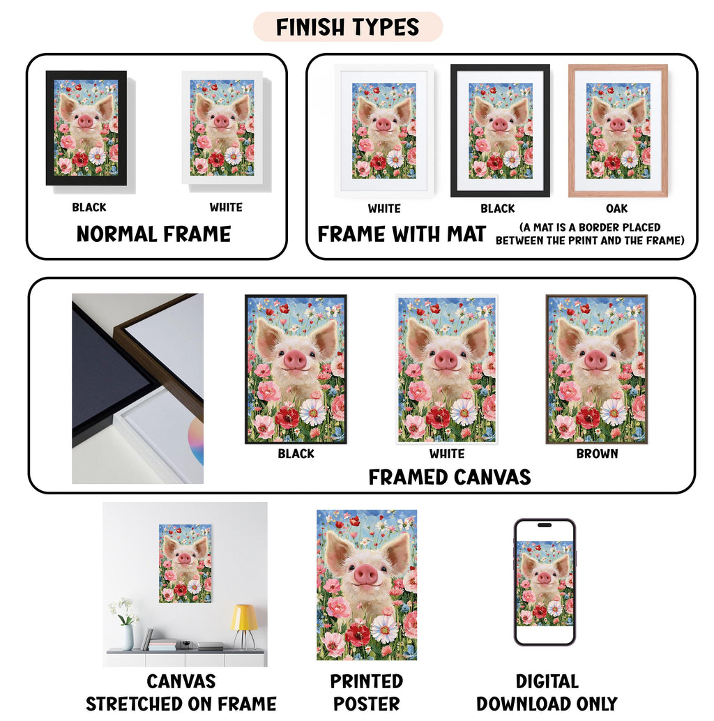 various images of a pig in different frames and types, including a canvas, a framed canvas, a stretched canvas, a printed poster, and a digital download.
