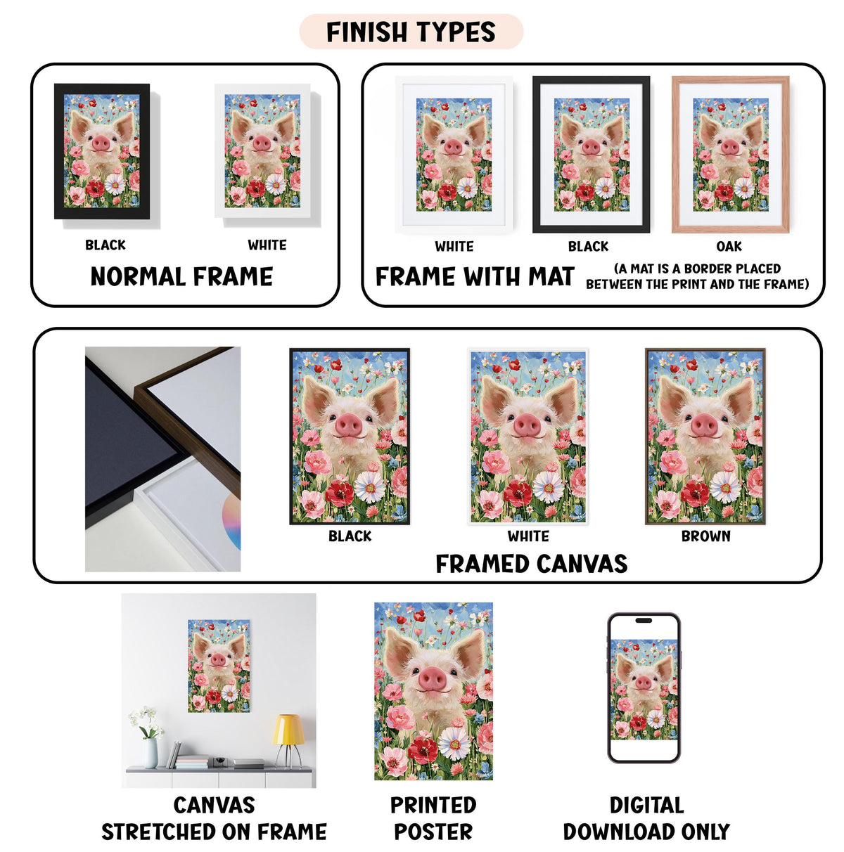 various images of a pig in different frames and types, including a canvas, a framed canvas, a stretched canvas, a printed poster, and a digital download.
