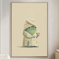 a cozy living room with a white sofa, a wooden side table, and a framed illustration of a frog wearing a bathrobe and holding a cup of tea.