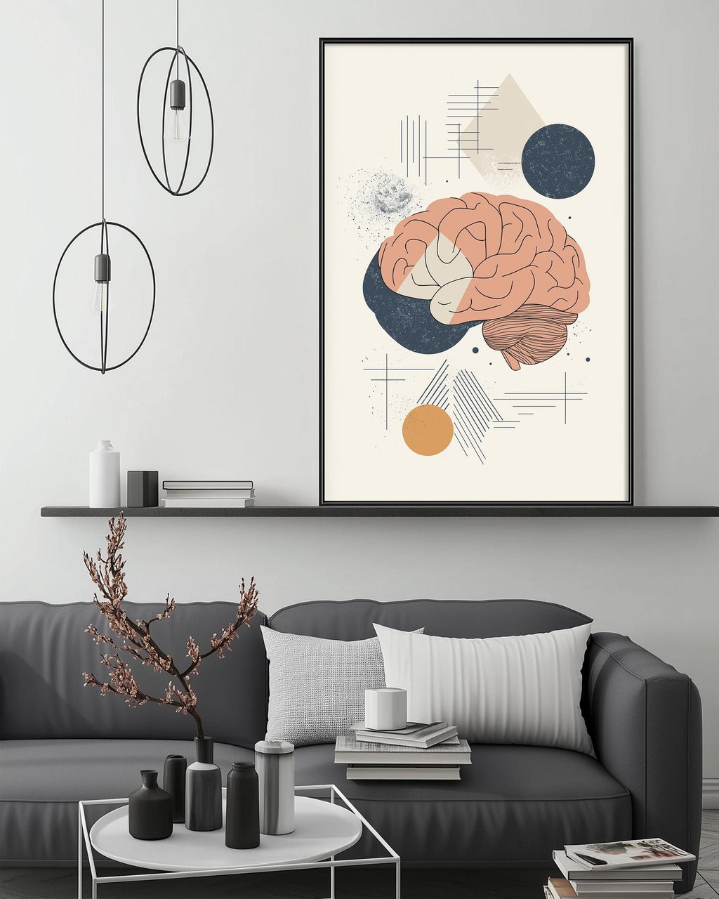 a modern living room with a gray sofa, a coffee table, and a large abstract painting of a brain above it. The room has a minimalist and contemporary design, with a pendant light fixture and a shelf displaying decorative items.