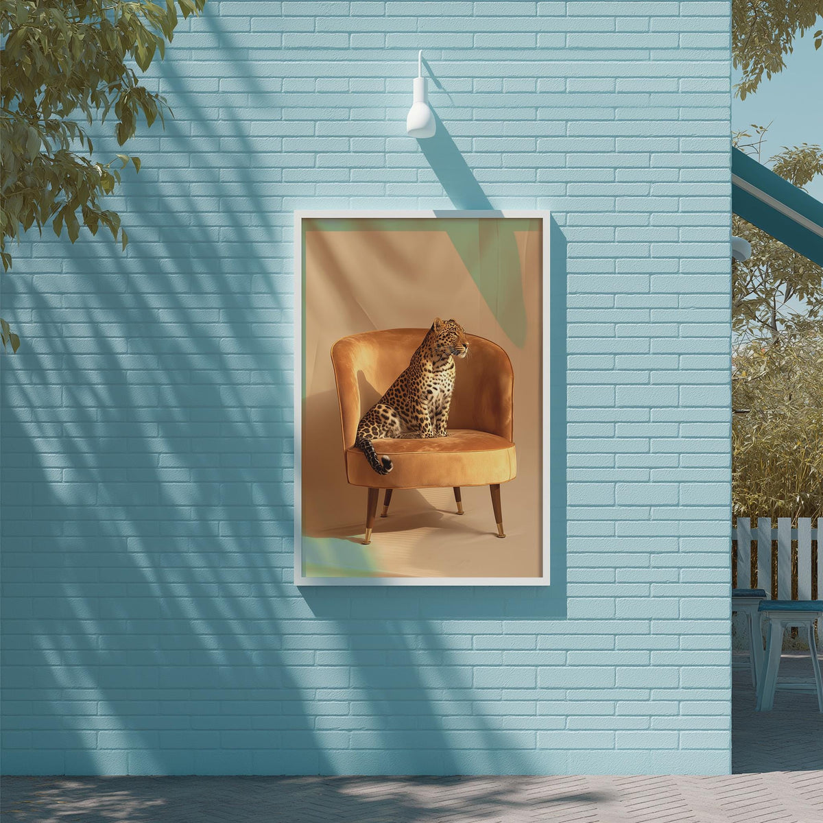 A framed image of a leopard sitting on an orange chair is displayed on a blue wall, with a white light fixture above it.