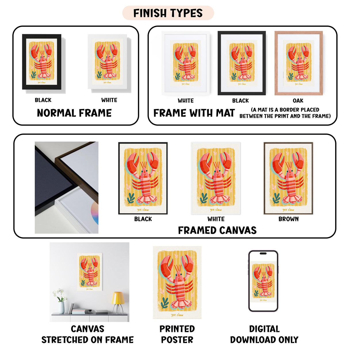 various finish types for framed artworks, including canvas, printed poster, and digital download. It showcases different frames and mat colors, as well as the corresponding artwork, providing a visual guide for selecting the appropriate finish type for a framed piece.