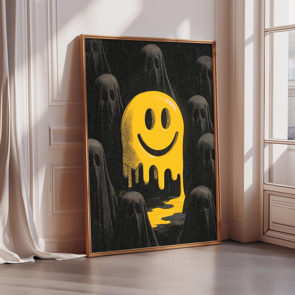 a framed poster with a large, yellow smiley face surrounded by black ghostly figures.