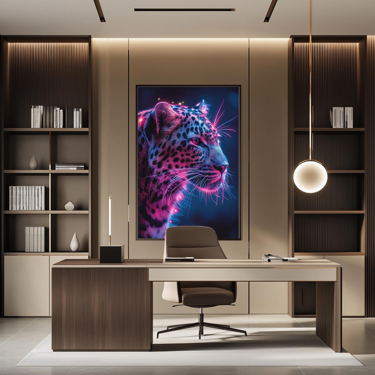 a modern office space with a large, vibrant poster of a leopard on the wall. The office has a sleek, minimalist design with a wooden desk, a comfortable-looking chair, and a pendant light hanging above the desk.