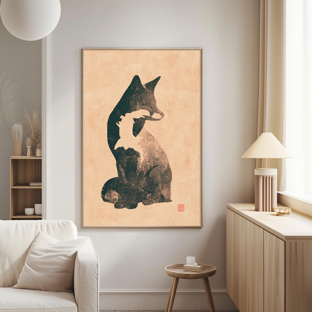 a living room with a large framed artwork of a cat on the wall.