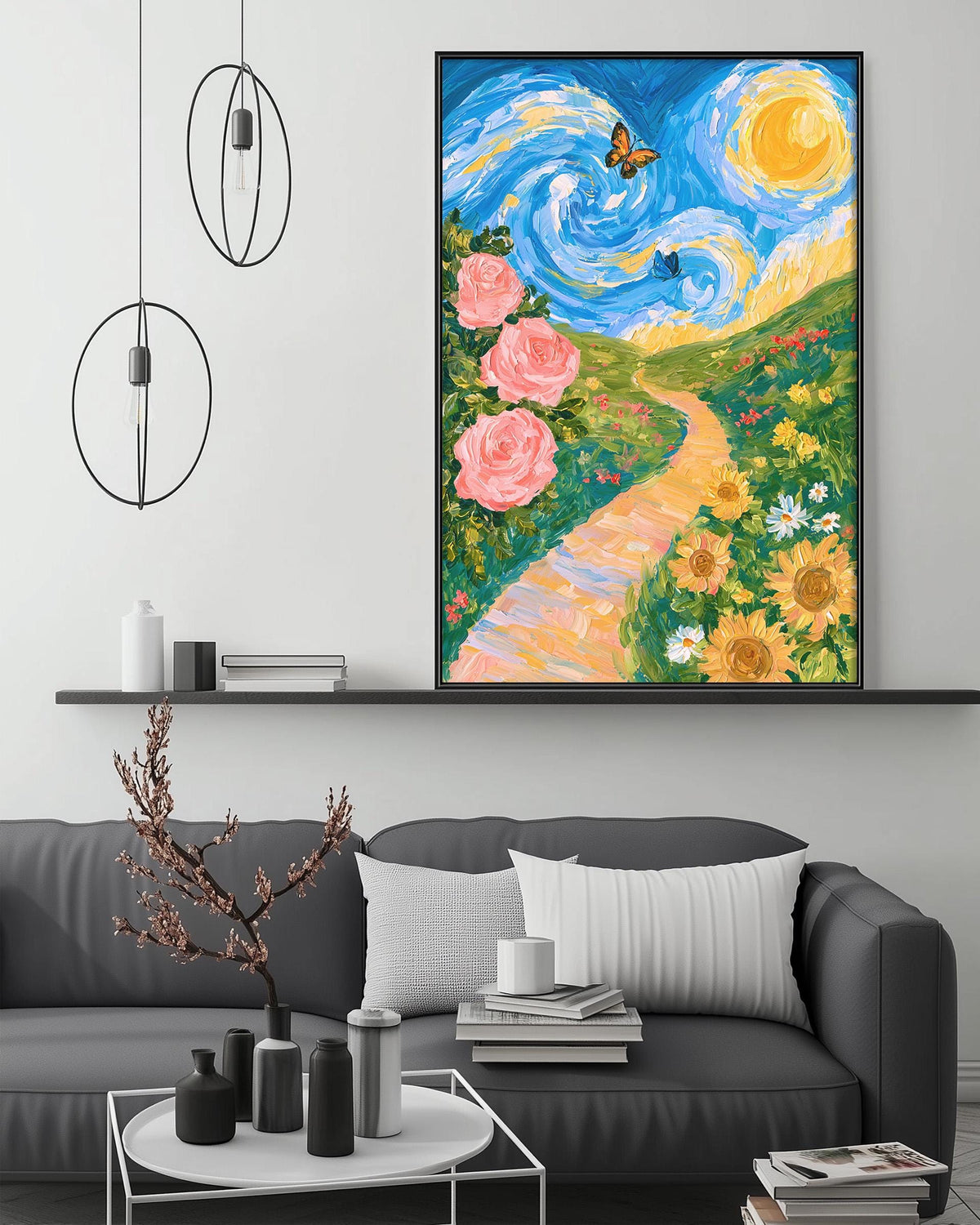 a large, colorful painting of a flowery landscape with a winding path, hanging above a gray couch in a living room setting.
