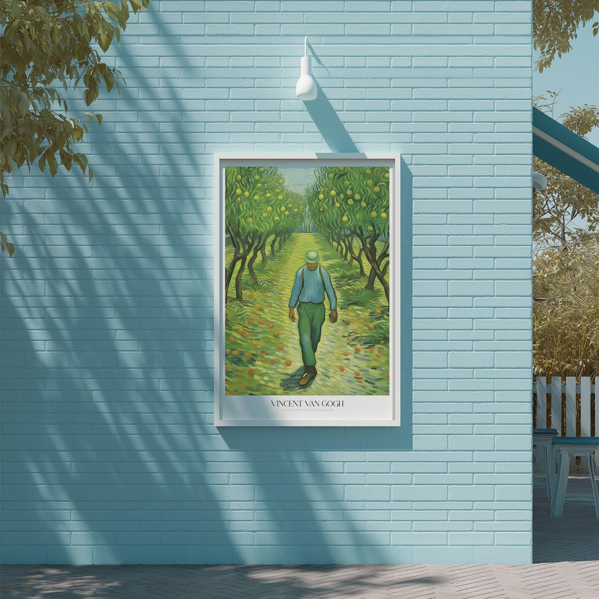 a painting of a man walking down a path through a grove of trees, with a blue brick wall in the background.
