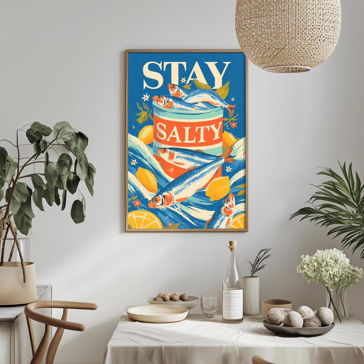 a framed poster with the text "STAY SALTY" hanging on a wall above a dining table with various items on it.