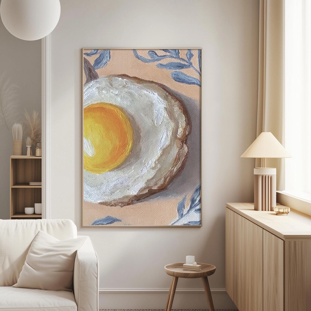 a large painting of an egg on a wall, with a wooden table and a lamp in the foreground.