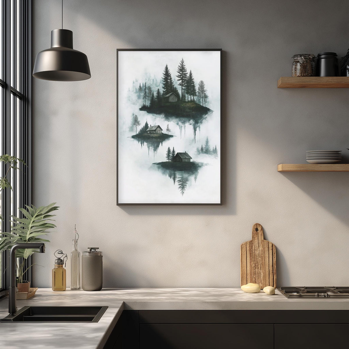 a modern kitchen with a large framed painting of a forest scene hanging on the wall above a wooden cutting board and other kitchen items.