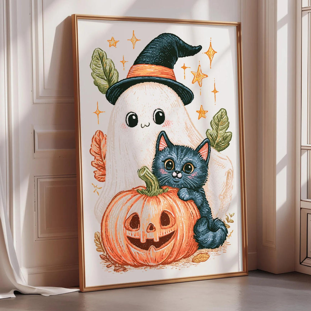a Halloween-themed illustration of a ghost, a cat, and a pumpkin.