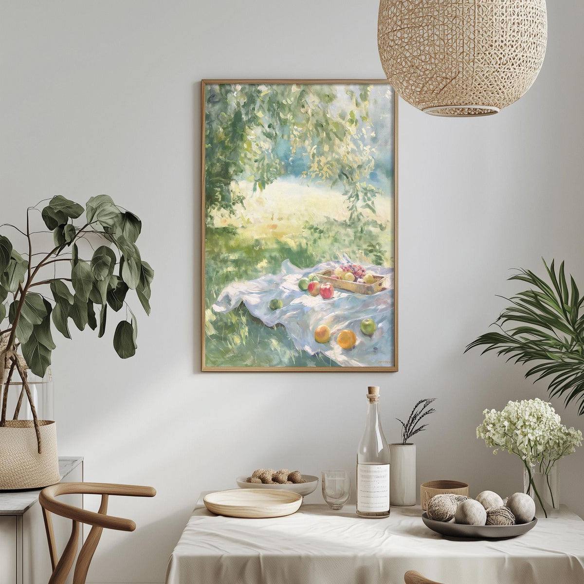 a serene dining scene with a table set for a meal, featuring a white tablecloth, plates, bowls, and a bottle of wine. A painting of a picnic scene hangs on the wall above the table, adding a touch of nature and tranquility to the space.