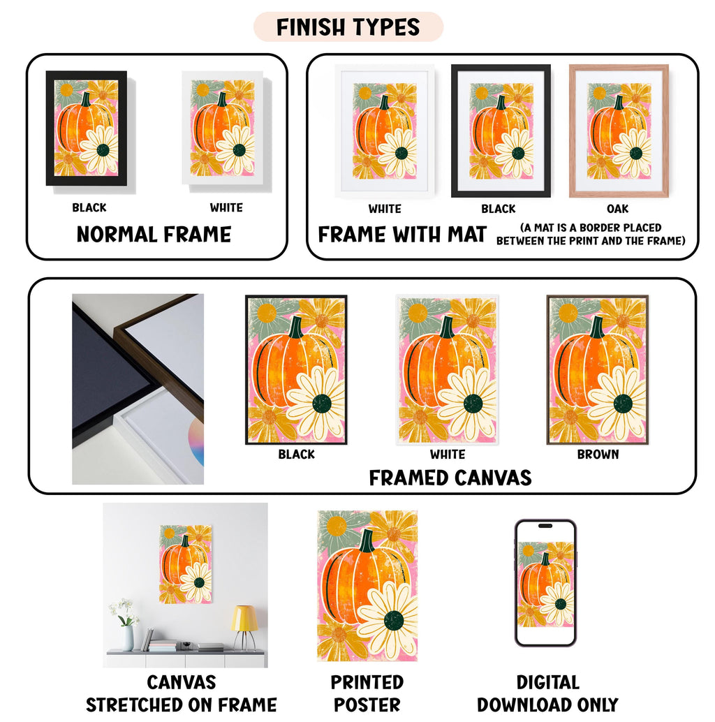 various images of a framed artwork featuring a pumpkin and flowers, with different finishes and mat placements.