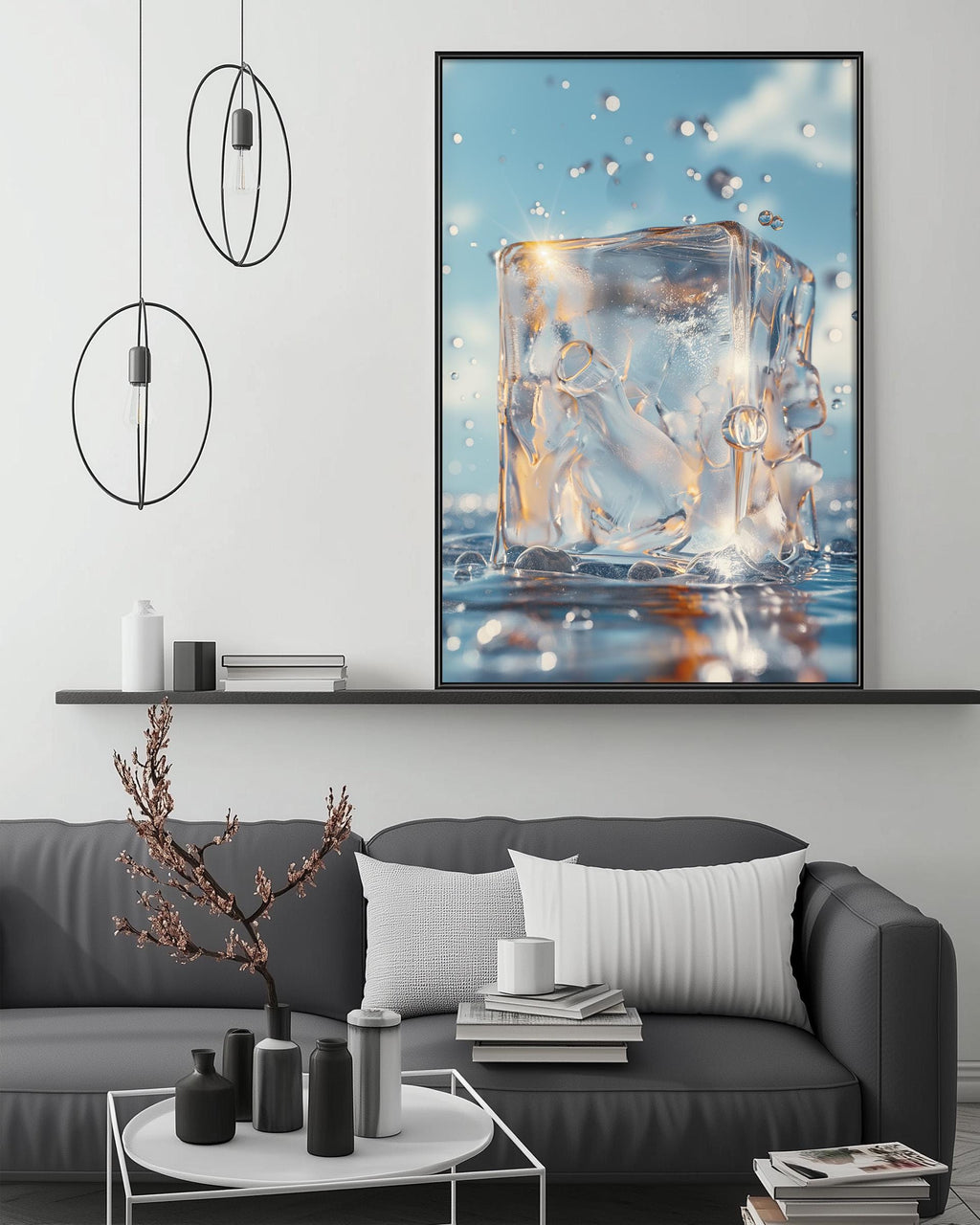 a modern living room with a gray sofa, a coffee table, and a large framed artwork depicting a water droplet on ice.