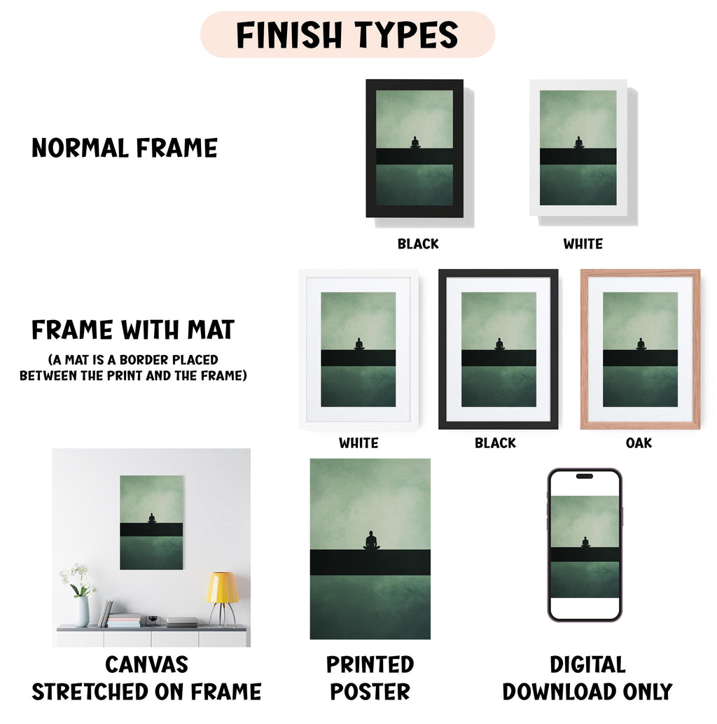 various types of artwork, including a canvas stretched on a frame, a framed poster, and a digital download of a poster. The artwork is presented in different frame colors, such as black, white, and oak. The image also includes a smartphone displaying a poster, and a canvas with a silhouette of a person. The text in the image provides information about the finish types of the artwork, such as a mat placed between the print and the frame, and the different frame colors available.