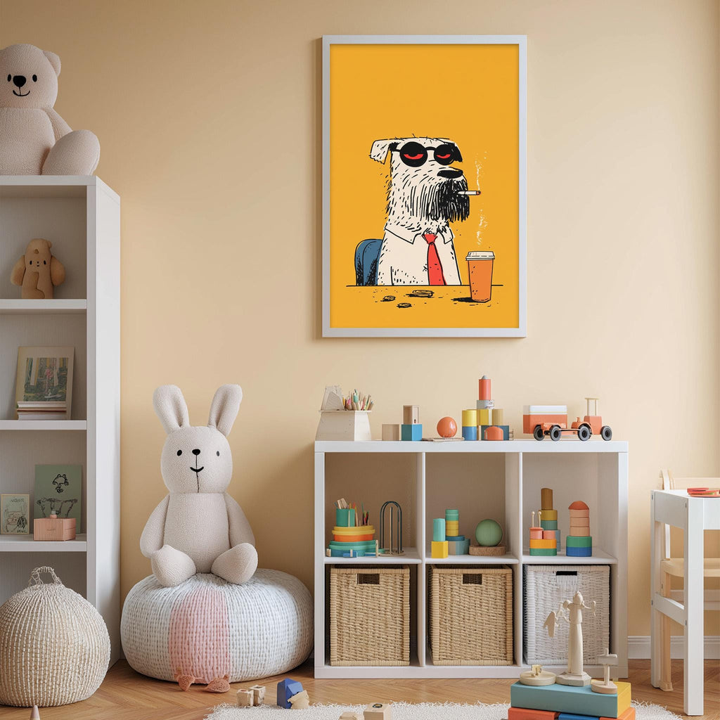 A child's bedroom with a white bookshelf, a stuffed rabbit, and a colorful poster of a dog with sunglasses on the wall.