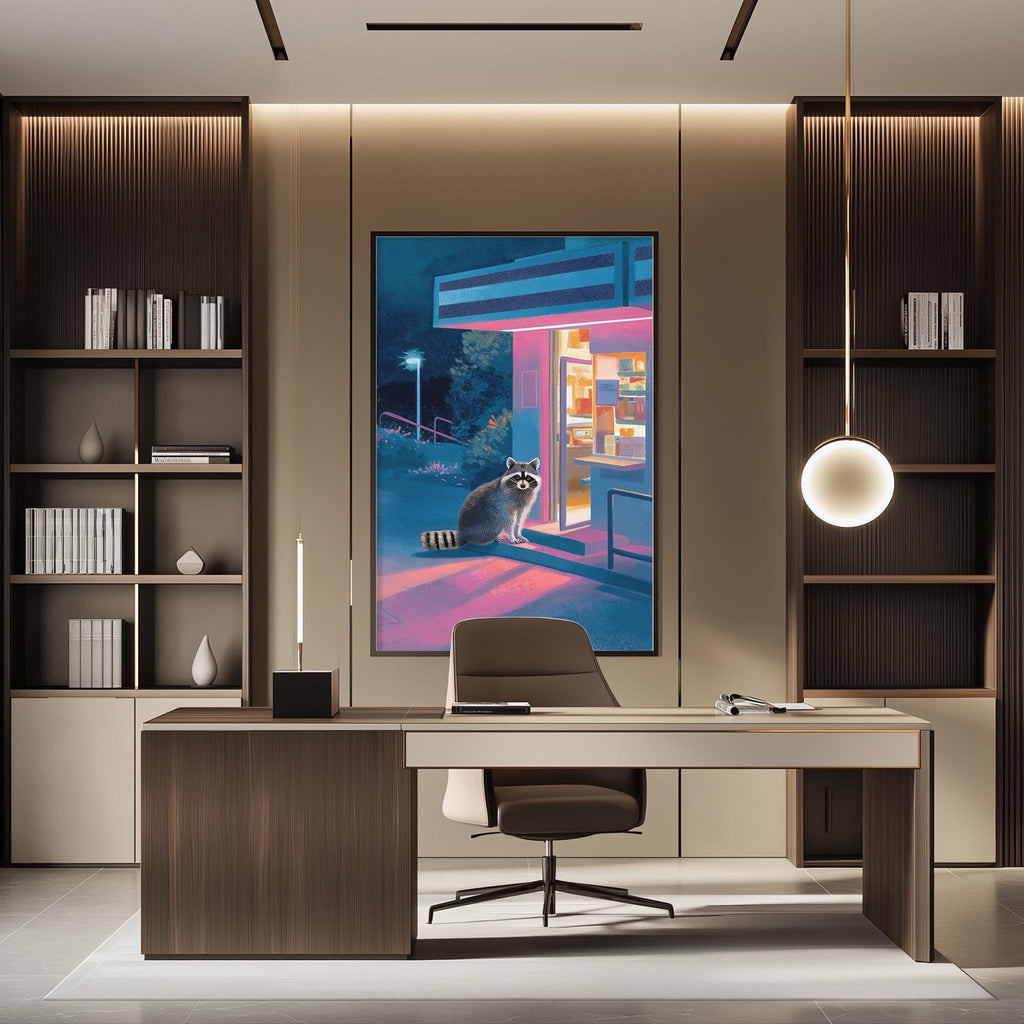 a modern office space with a large painting of a raccoon on the wall, a wooden desk with a chair, and built-in bookshelves.