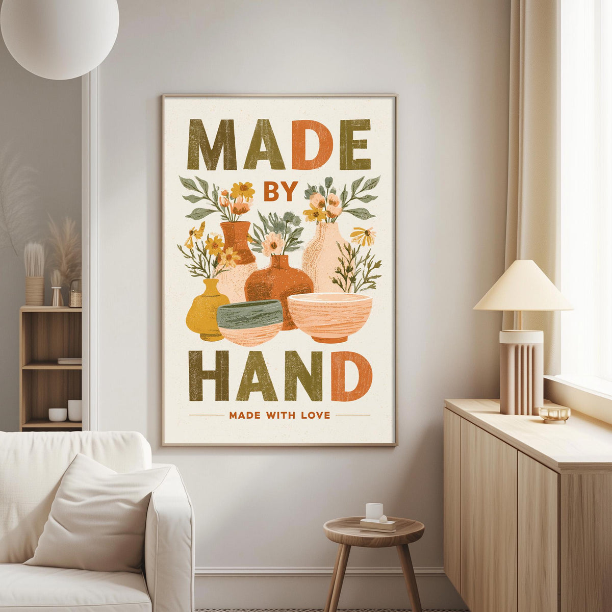 a poster with the text "MADE BY HAND" and "MADE WITH LOVE" displayed on a wall in a living room setting.
