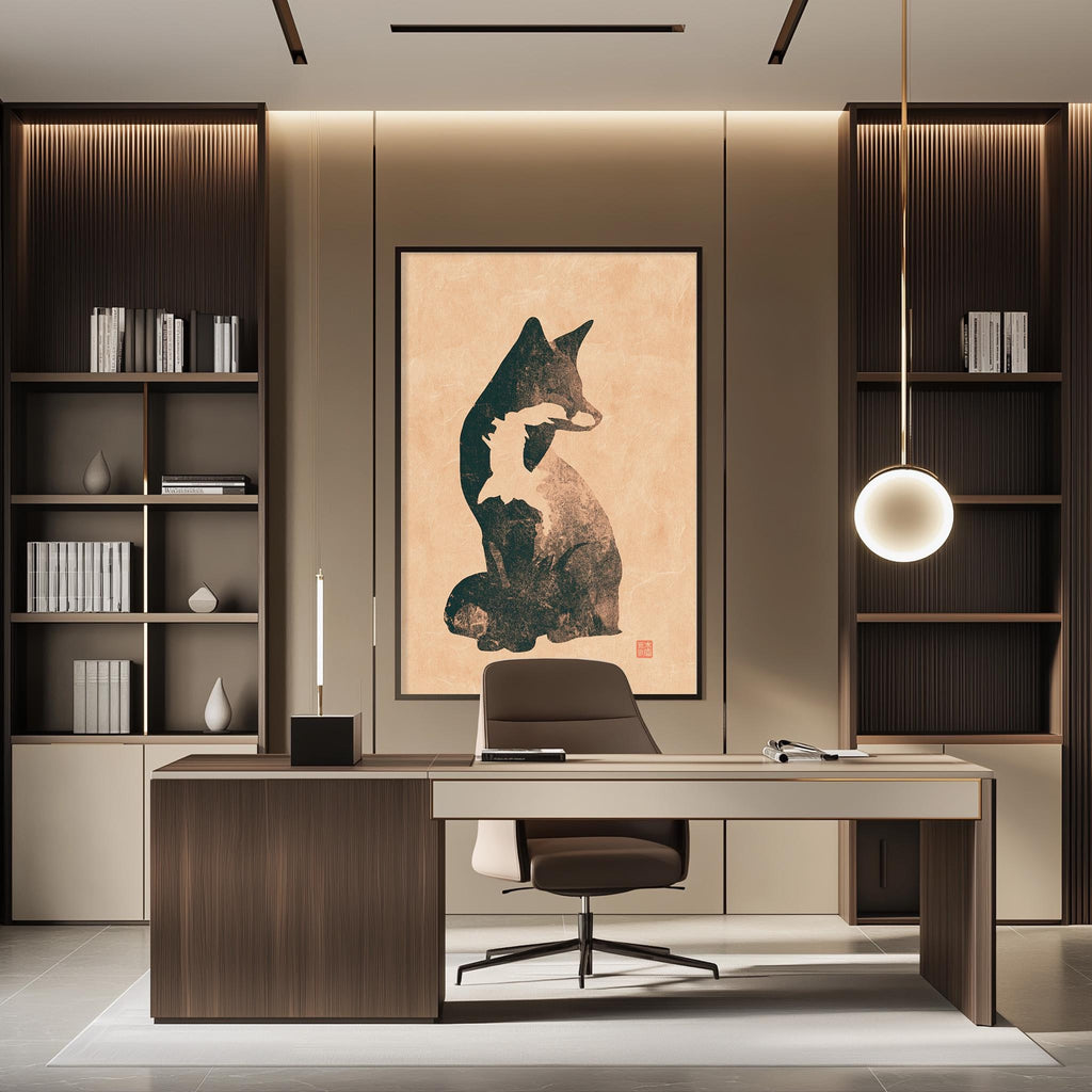 a modern and minimalist office space with a large framed cat silhouette artwork on the wall, a wooden desk with a chair, and built-in bookshelves.