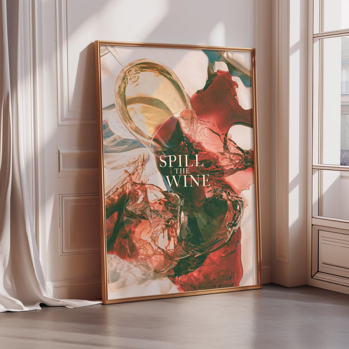 a large framed poster with a colorful abstract design and the text "SPILL THE WINE" prominently displayed.