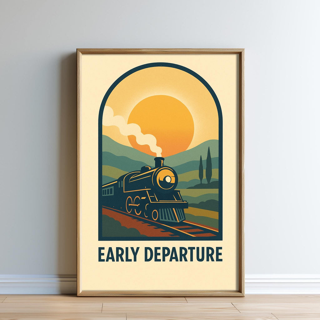 The image is a framed poster depicting a train traveling through a scenic landscape with mountains and a sunset in the background.