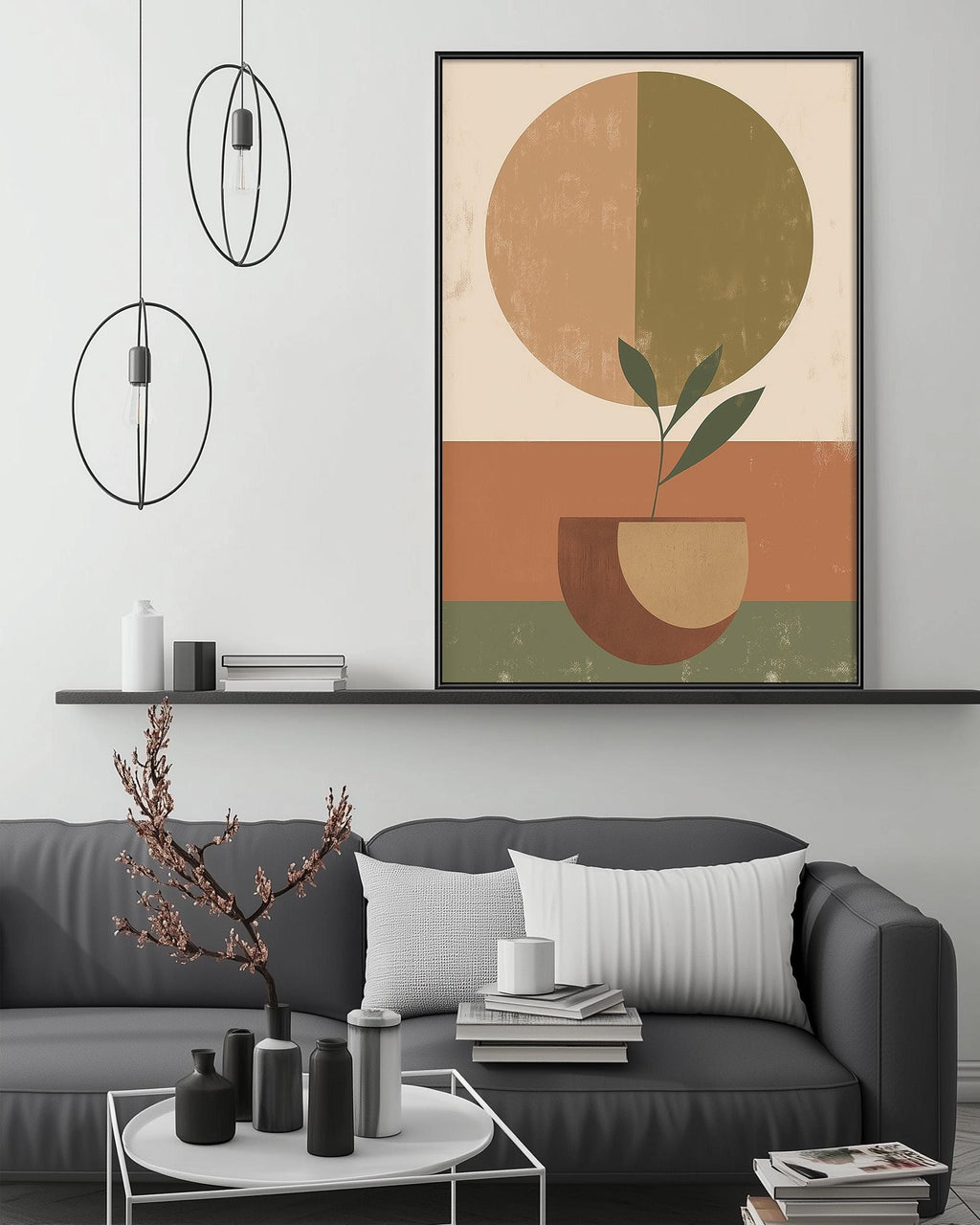a modern living room with a gray sofa, a coffee table, and a large abstract painting hanging on the wall above the sofa.