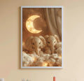 A cozy and colorful children's bedroom with a large stuffed bunny, a bookshelf, and a toy chest filled with toys. The room has a warm and inviting atmosphere, with a framed picture of two elephants and a crescent moon hanging on the wall.