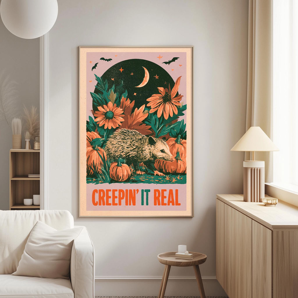 a poster with a hedgehog and flowers, along with the text "CREEPIN' IT REAL" displayed on the wall.