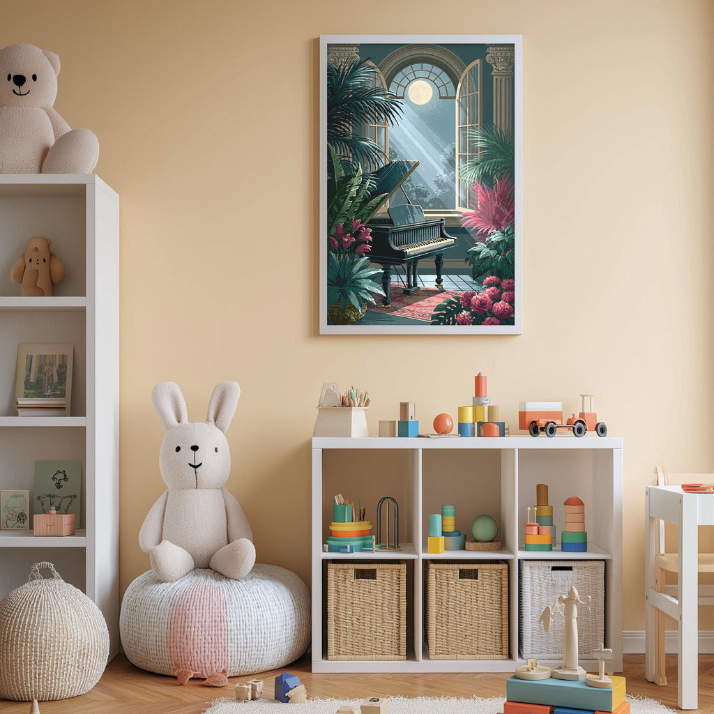 A cozy children's room with a large stuffed bunny, a piano, and a bookshelf filled with toys and books. The walls are painted a light peach color, and there is a framed painting of a tropical garden hanging on the wall.