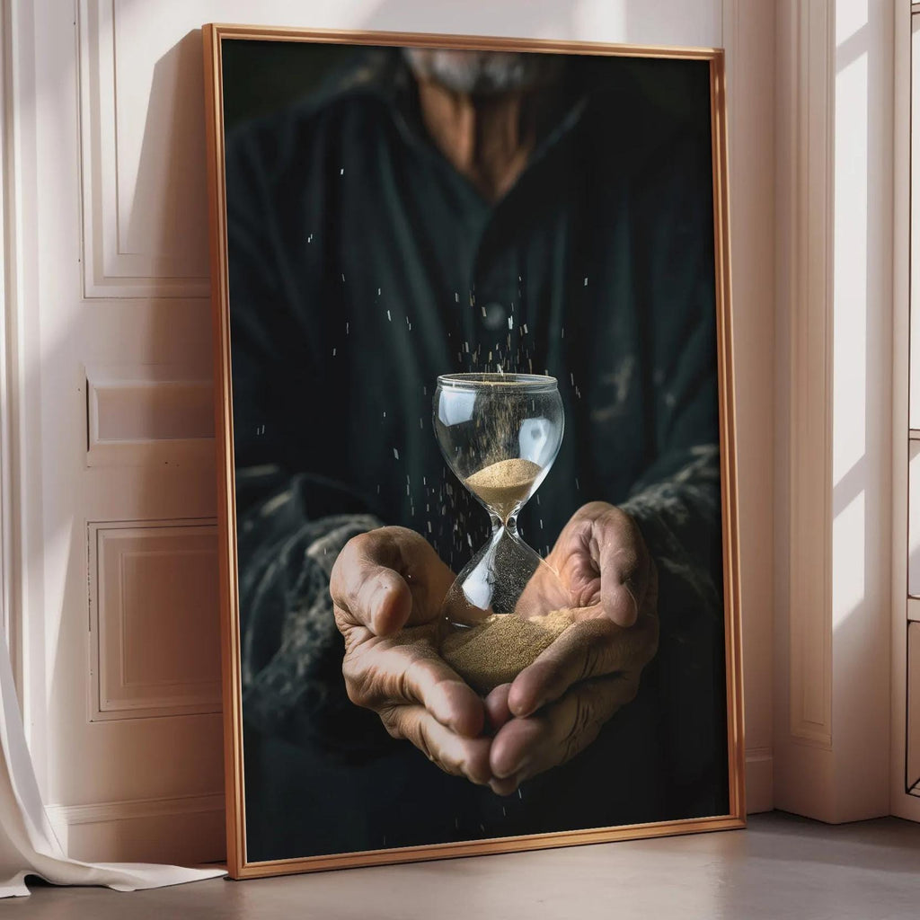 A person's hands holding a glass hourglass, with sand grains visible through the glass, against a white wall.