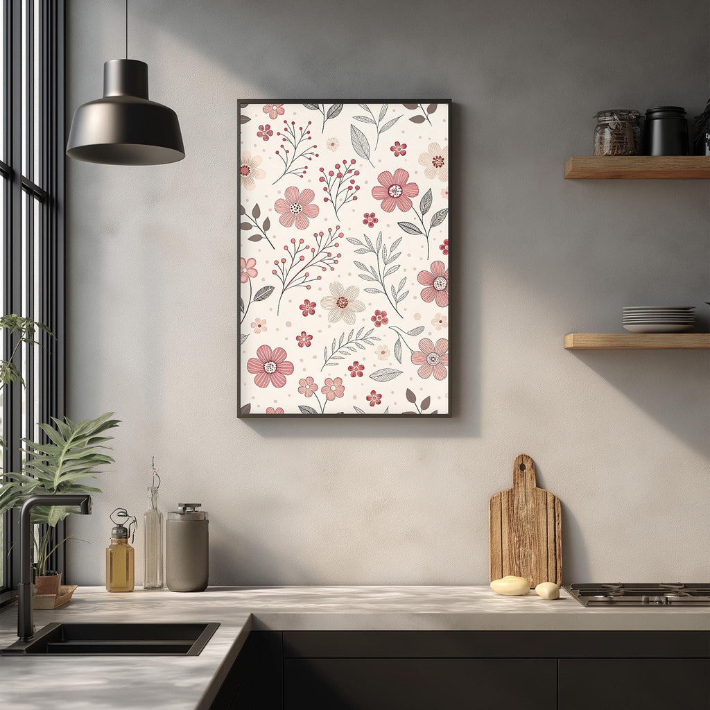 a kitchen counter with a framed floral print hanging on the wall above it. The counter has various kitchen items, such as a cutting board, a soap dispenser, and a bottle. The overall scene has a modern and minimalist aesthetic.