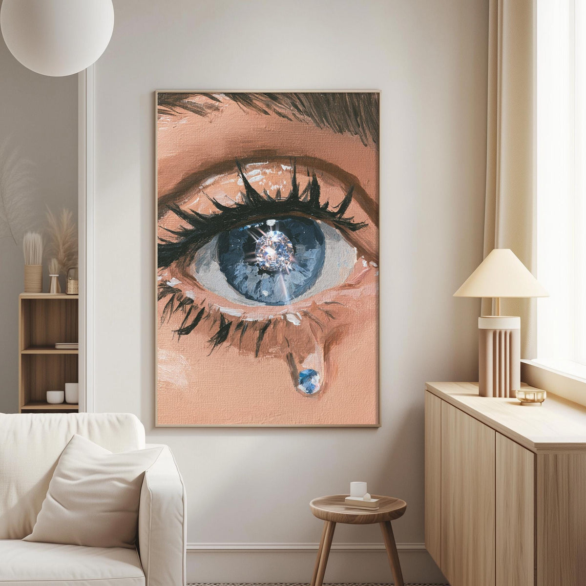 a large painting of a human eye with a tear streaming down its surface, hanging on a wall in a living room setting.