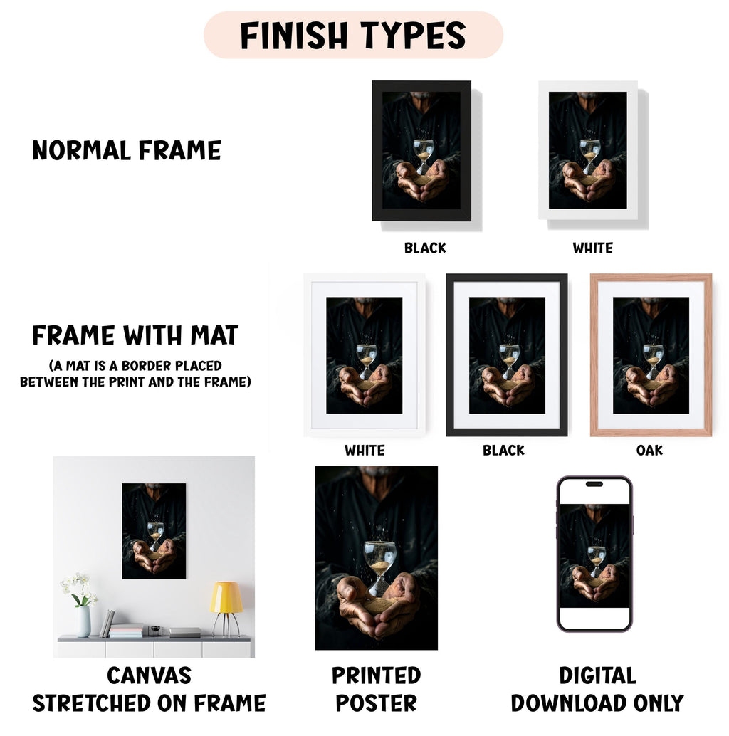 various types of artwork, including a canvas stretched on a frame, a framed poster, and a digital poster. The artwork is presented in different frame colors and styles, such as a normal frame, a black frame, a white frame, and an oak frame. The artwork is displayed in different settings, such as a wall, a shelf, and a table. The image also includes text that provides information about the artwork, such as the finish types and the materials used.