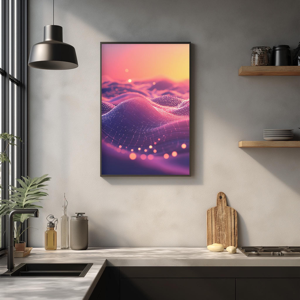 a modern kitchen with a large, colorful abstract painting hanging on the wall above a wooden cutting board and other kitchen items.